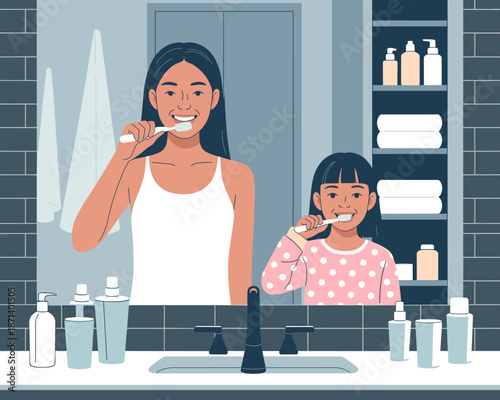 Happy mother and daughter brushing teeth together in bathroom mirror reflection for dental health family lifestyle illustration family care hygiene routine morning activity for parenting children's he