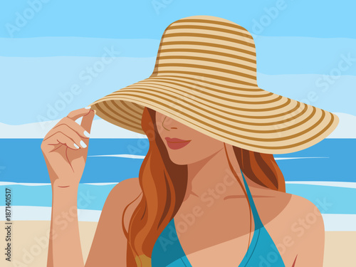 Elegant woman in sun hat relaxing on beach vacation enjoying summer holiday carefree lifestyle beautiful girl with red hair sunbathing in tropical destination travel tourism advertising banner design