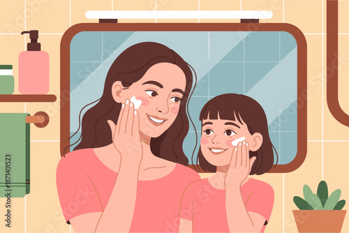 Happy mother and daughter applying cream to face in bathroom mirror for skincare routine beautiful family enjoying beauty treatment together wellness and self care concept for cosmetic advertising and
