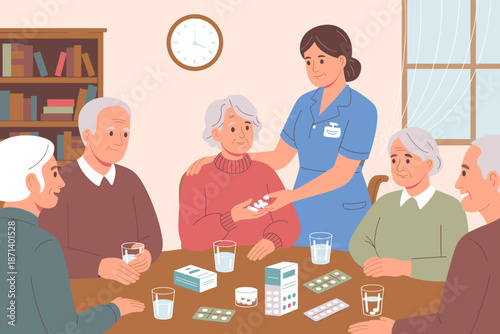 Caring nurse assisting elderly patients with medication in assisted living facility providing professional healthcare support and companionship for seniors in modern nursing home environment promoting
