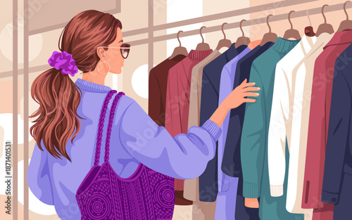 Stylish woman browsing clothes in fashion store boutique choosing garments casual wear apparel trendy outfits wardrobe with hand bag accessories modern lifestyle personal shopping retail therapy conce