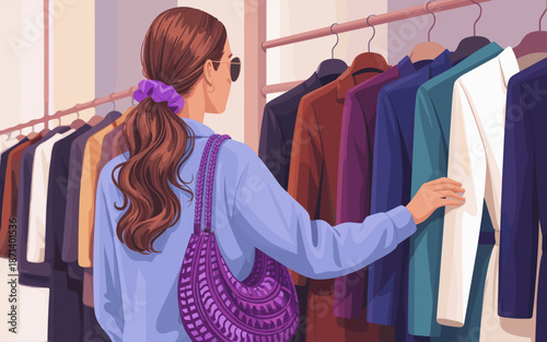 Stylish woman browsing clothes rack selecting garments in modern boutique fashion store retail shop searching for outfits for professional wardrobe or personal shopping experience apparel industry sty