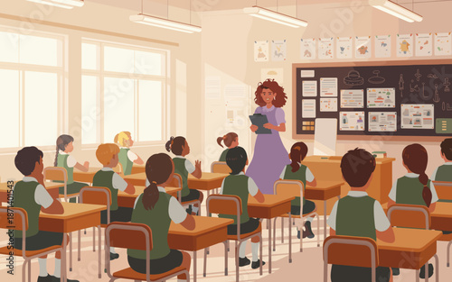 Dedicated teacher instructing diverse students in classroom setting for elementary education lesson learning environment back to school concept teaching and learning in modern school classroom for edu