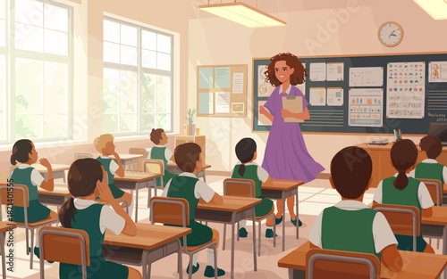 Enthusiastic teacher with clipboard teaching diverse elementary school students in classroom setting learning environment with blackboard and natural light for educational materials presentations and