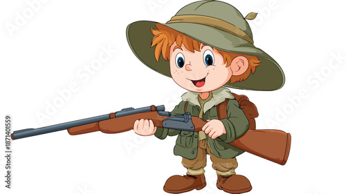 Adorable Young Hunter Boy Holding Rifle Cartoon Vector with Outline