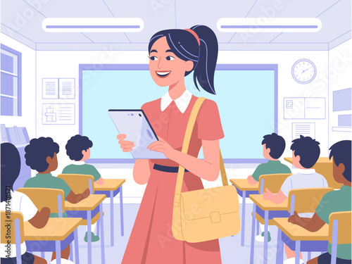 Smiling teacher with tablet in classroom teaching diverse students. Happy female educator in school with children sitting at desks learning education concept for presentations websites and educational