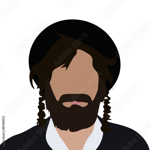 Flat vector illustration of an orthodox Jewish man with beard and traditional hat. Minimalist male avatar isolated on white background. Concept of religion, culture, community, identity and tradition.