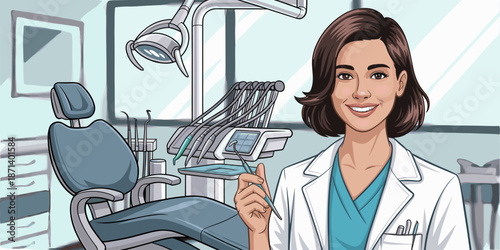 Smiling female dentist holding dental tool in modern clinic cartoon illustration dental healthcare professional at work clean bright medical office setting for presentations advertising marketing mate