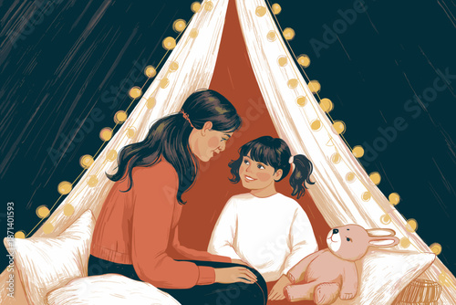 Loving mother and daughter bonding in cozy indoor tent with string lights happy family moment smiling woman and cute child enjoying quality time together illustration for parenting children lifestyle