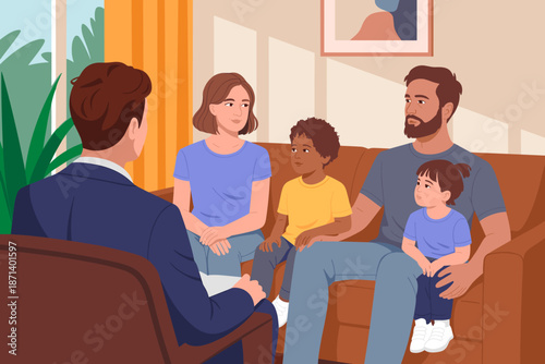 Family therapy session with diverse family consulting therapist in modern office setting promoting mental health awareness and communication skills parenting support and guidance for family wellbeing
