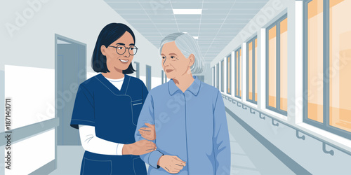 Caring nurse assisting senior woman walking in hospital hallway geriatric patient support healthcare professional empathy nursing home assistance medical staff help for elderly patient rehabilitation
