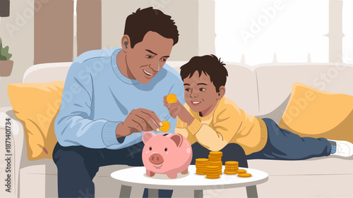 Smiling father and son putting coins into piggy bank together at home cartoon illustration concept of financial planning for future family savings investment education for children teaching kids about