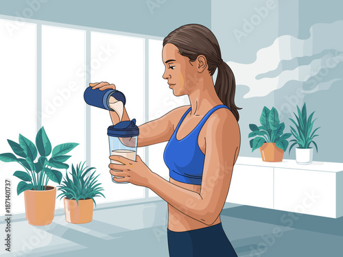 Athletic woman pouring protein powder into shaker bottle at home for post workout nutrition modern wellness lifestyle concept healthy female preparing fitness drink with supplement for health and spor