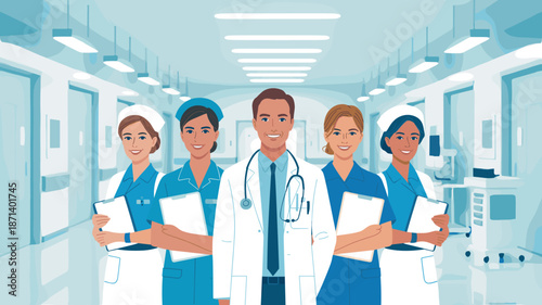 Diverse team of healthcare professionals doctor nurses standing in modern hospital hallway smiling friendly confident medical staff for clinic healthcare system website banner advertising healthcare t