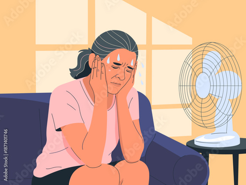Overheated woman suffering from heat in hot summer weather with electric fan illustration of person experiencing heatwave hyperthermia discomfort dehydration exhaustion for public health awareness cam