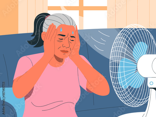 Senior woman suffering from heat stroke using electric fan for cooling at home during hot summer day elderly female experiencing overheating health problem illustration for healthcare advertising and