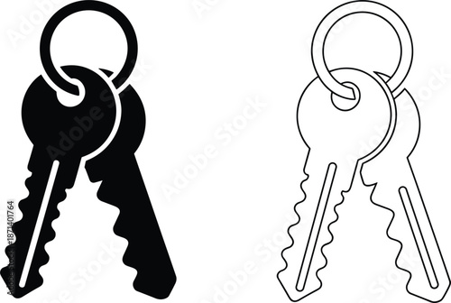 Set of two house key icons on ring, black and white door lock security symbols