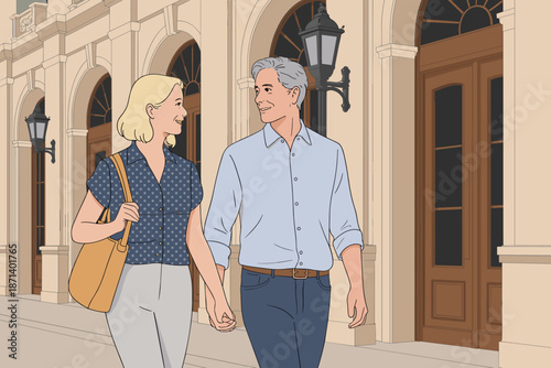 Happy mature couple walking together holding hands in city street enjoying romantic relationship and connection with vintage architecture and lampposts for lifestyle blogs travel advertisements and fa