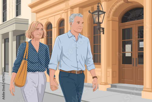 Attractive mature couple walking holding hands on city street in urban setting senior man and woman enjoying retirement lifestyle travel tourism illustration for marketing campaigns advertising websit