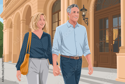 Happy mature couple walking holding hands in city street near office building elegant professional lifestyle illustration for real estate investment retirement planning advertising healthy relationshi