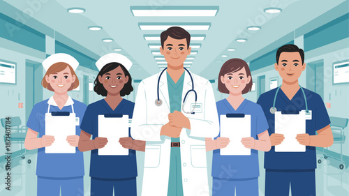 Diverse team of doctors and nurses standing in hospital hallway holding clipboards professional healthcare providers in modern clinic setting medical staff for presentations online advertising campaig