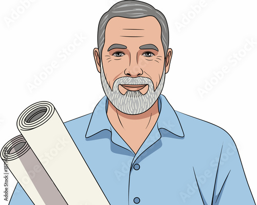 Middle-aged architect holding blueprints plans smiling professional mature engineer with gray hair construction expert holding rolled documents for building design architecture and engineering constru