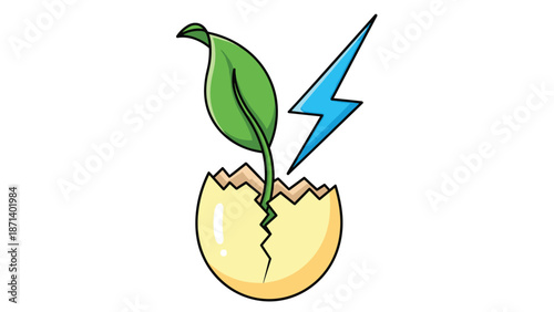 Green sprout emerging from cracked egg with lightning bolt symbolizing growth and energy, Generative AI.