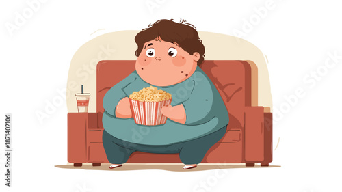 Chubby Kid Enjoying TV with Popcorn - Vector Illustration