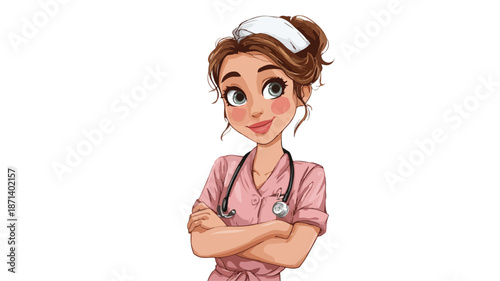 Professional Female Nurse Cartoon Vector Illustration with Outline Isolated on White Background