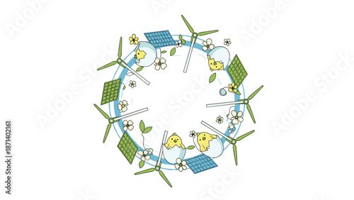 Circular arrangement of renewable energy sources and nature elements, Generative AI.