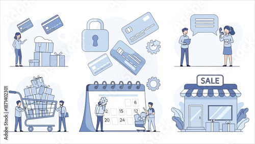 Customer loyalty vector set. Modern flat illustrations for cashback, credit cards, rewards, payment policies, and buyer protection.