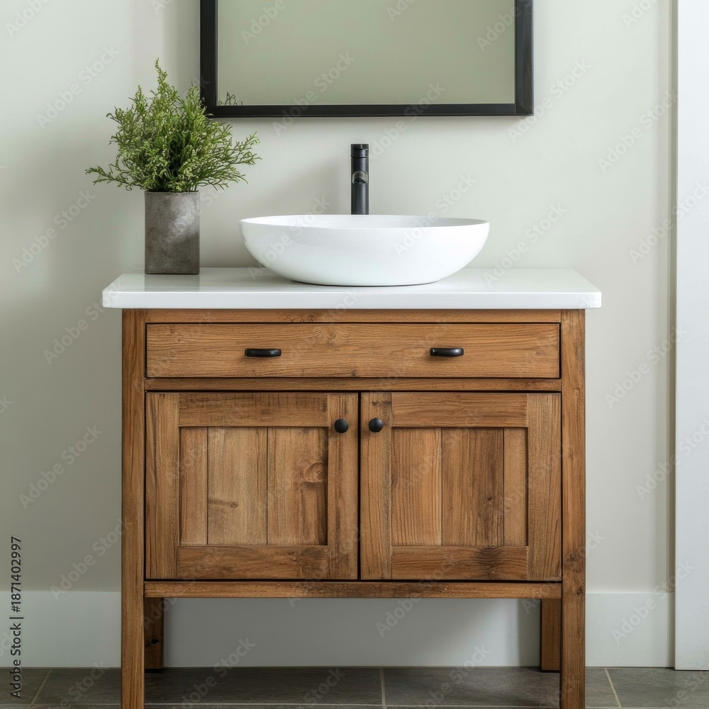 Fototapeta premium Rustic Wood Vanity, White Sink, Farmhouse Bathroom, Cabinet ,HomeDecor