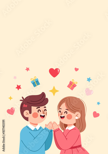 Cute Valentine Couple Illustration with Love and Gift Icons
