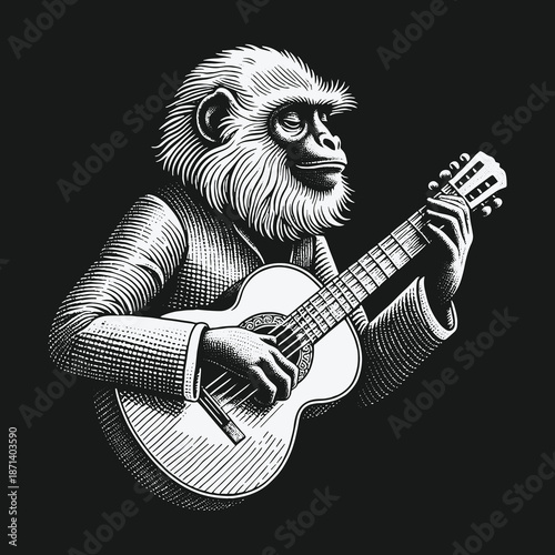 Chimpanzee Serenade: A Musical Monkeys Melancholy Ballad in Monochrome.