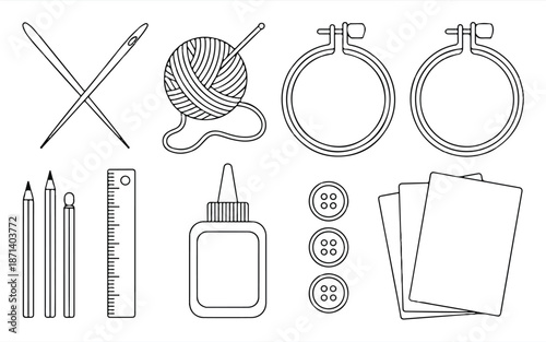 set of various craft supplies and tools for sewing and drawing on white background