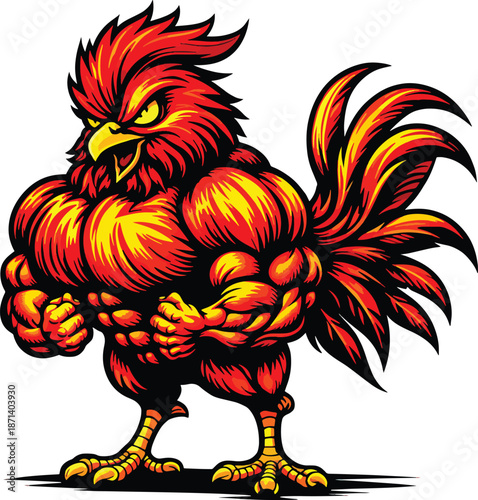 Muscular Rooster Illustration, Powerful Fighting Chicken Mascot, Bold Cartoon Vector Art