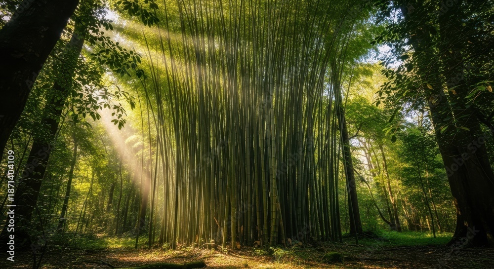Fototapeta premium Sunlight beams through a dense forest canopy, illuminating the tall, slender stalks of bamboo trees in a peaceful natural setting