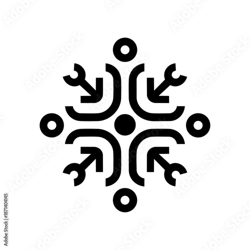 Symmetrical abstract form built from directional arrows and nodes, expressing collaboration, systems thinking, teamwork, and coordinated problem solving.