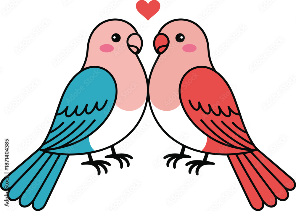 Fototapeta premium Cartoon lovebirds illustration, romantic bird couple design, red heart symbol art, Valentine's day affection and companionship graphic