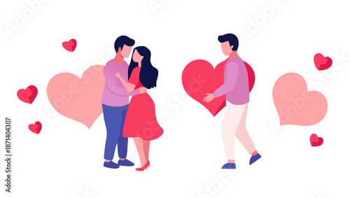 Diverse Romantic Couples Celebrating Love and Affection with Hearts and Romantic Gestures