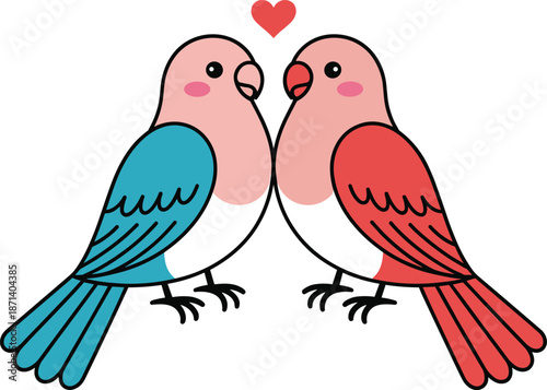 Cartoon lovebirds illustration, romantic bird couple design, red heart symbol art, Valentine's day affection and companionship graphic