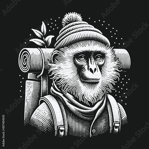 Monkey Adventurer: A Detailed Black and White Illustration of a Hiking Primate.