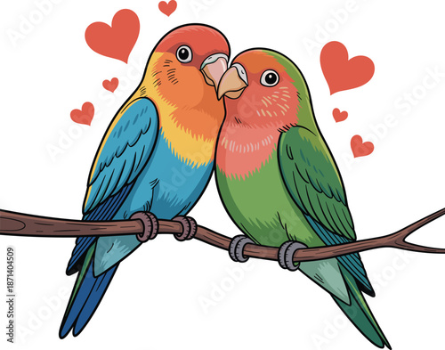 Colorful lovebirds illustration, romantic bird couple, heart symbols design, affection in nature, Valentine's day animal art