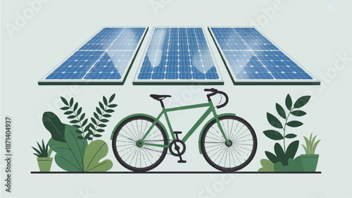 solar panels and bicycle with green plants on light green background