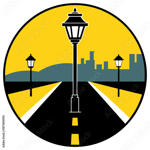 Title: A circular of a street scene with a central street lamp and two additional lamps on either