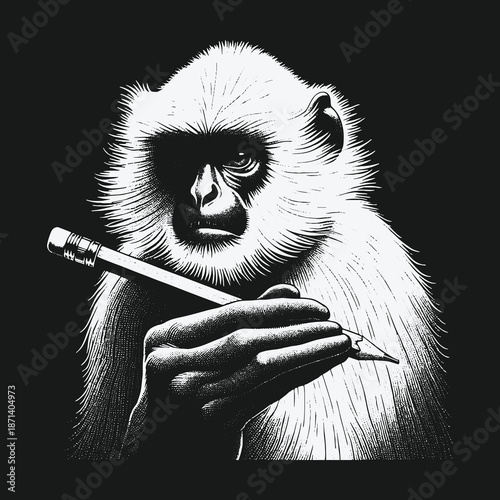 Monkey artist in black and white focused on drawing.