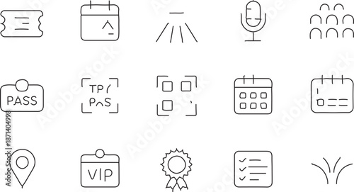 Set of line icons representing event planning, including calendar, ticket, microphone, attendees, location pin, VIP pass, and checklist