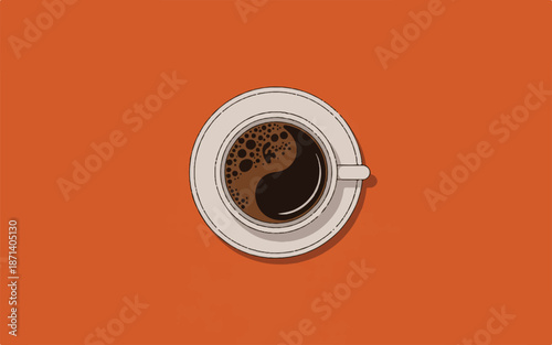 Top view of coffee cup with yin yang design in foam on orange background