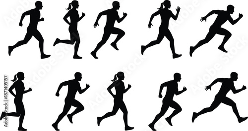 Black horse silhouette pattern set with identical stallions standing in rows isolated on white background for equestrian textile design graphics,