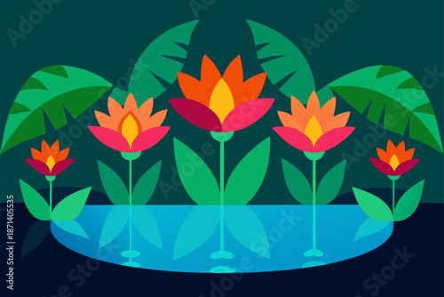 Vivid Flowers Reflected in Jungle Water Basin